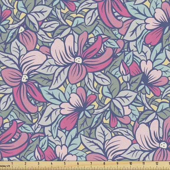 Floral Sofa Upholstery Fabric by the Yard, Blended Patterns of Flowers Fronds and Buds Vintage Theme Garden Art, Decorative Fabric for DIY and Home Accents, Multicolor by Ambesonne
