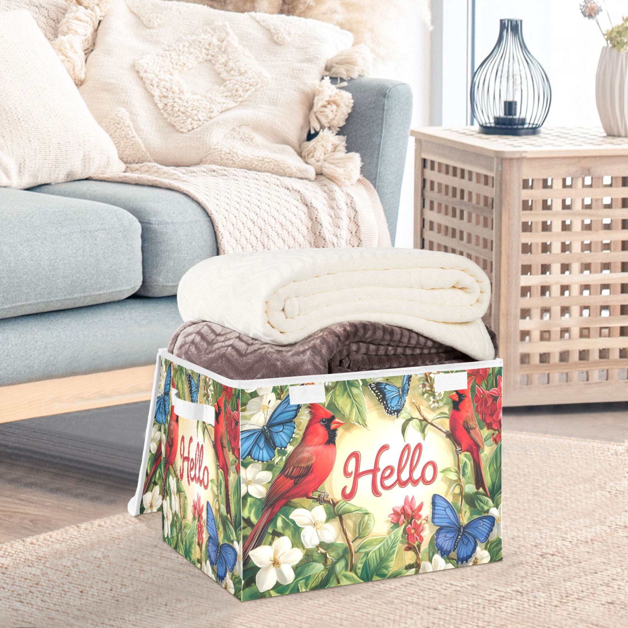Ryvnso Cardinal Butterfly on Flower Large Lidded Foldable Storage Baskets Cubes Boxes Lids Bin for Home