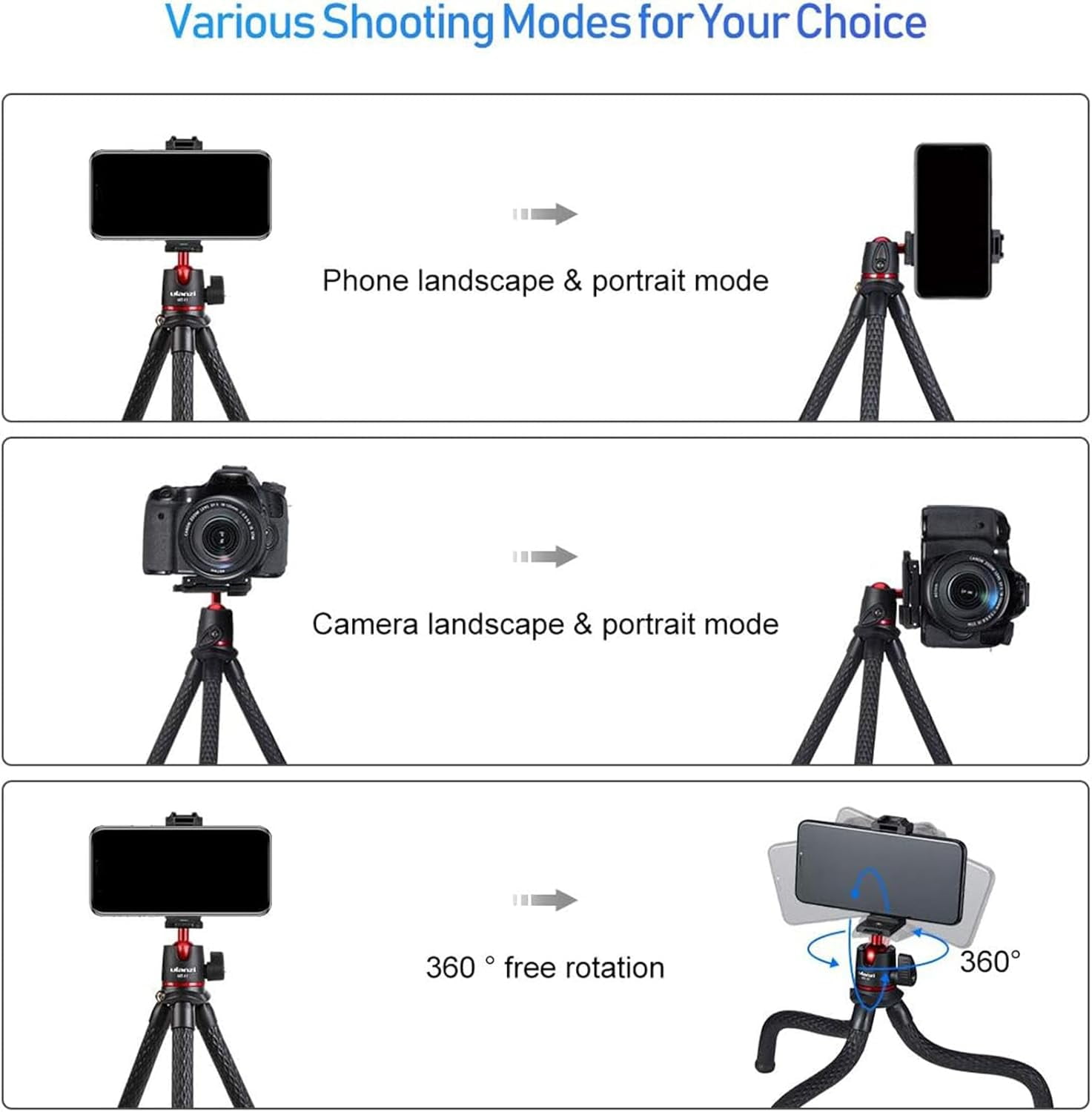 Ulanzi Camera Tripod, Mini Flexible Stand w Hidden Phone Holder w Cold Shoe Mount for Smartphone Camera