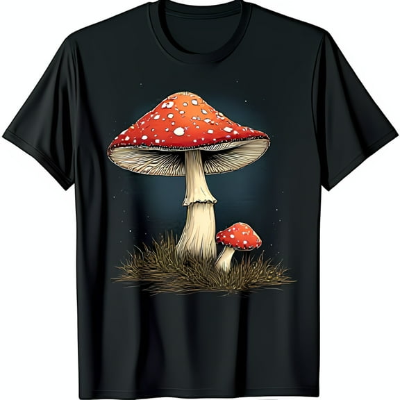Men's Black T-Shirt with Red and White Mushroom Graphic Stylish Nature Design
