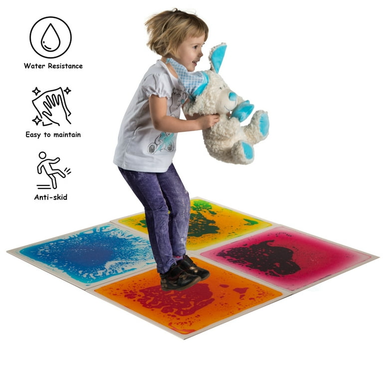 ShpilMaster QI004623.4 Sensory Liquid Gel Floor Square Tiles 19.5 x 19.5 inch Red/Orange Green/Yellow Pink/Purple Blue/White Kids Floor Mat 4 Pack