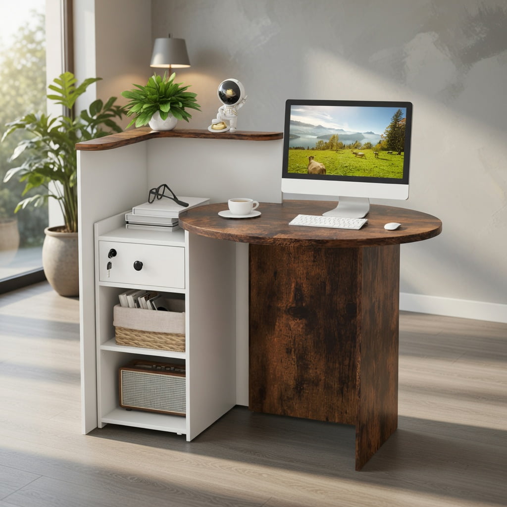 Demi Bonn Front Reception Office Desk with Open Shelf and Lockable Drawer, Small Home Computer Desk Study Writing Table, Brown + White