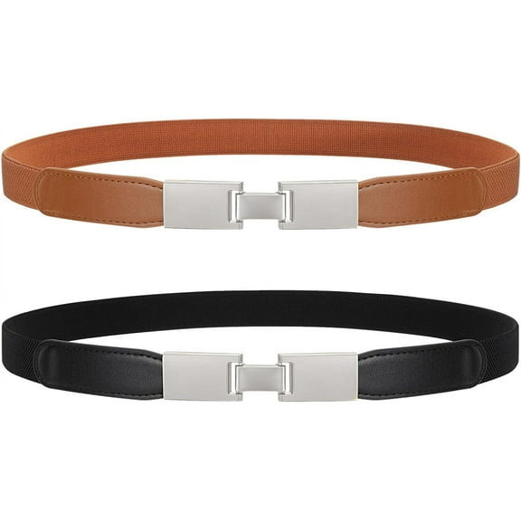 2 Pack Women Skinny Elastic Waist Belt Gold Silver Buckle Stretchy Thin Belt for Jeans Dress 0.98" Width
