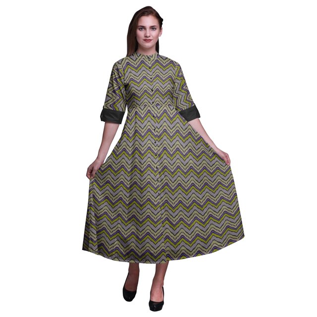 Bimba Robe Anarkali Ikat Bleu Poussiéreux pour Femmes, Kurti Imprimée Ethnique Indienne, Longue Kurta, Robe de Soirée, XX-Grand