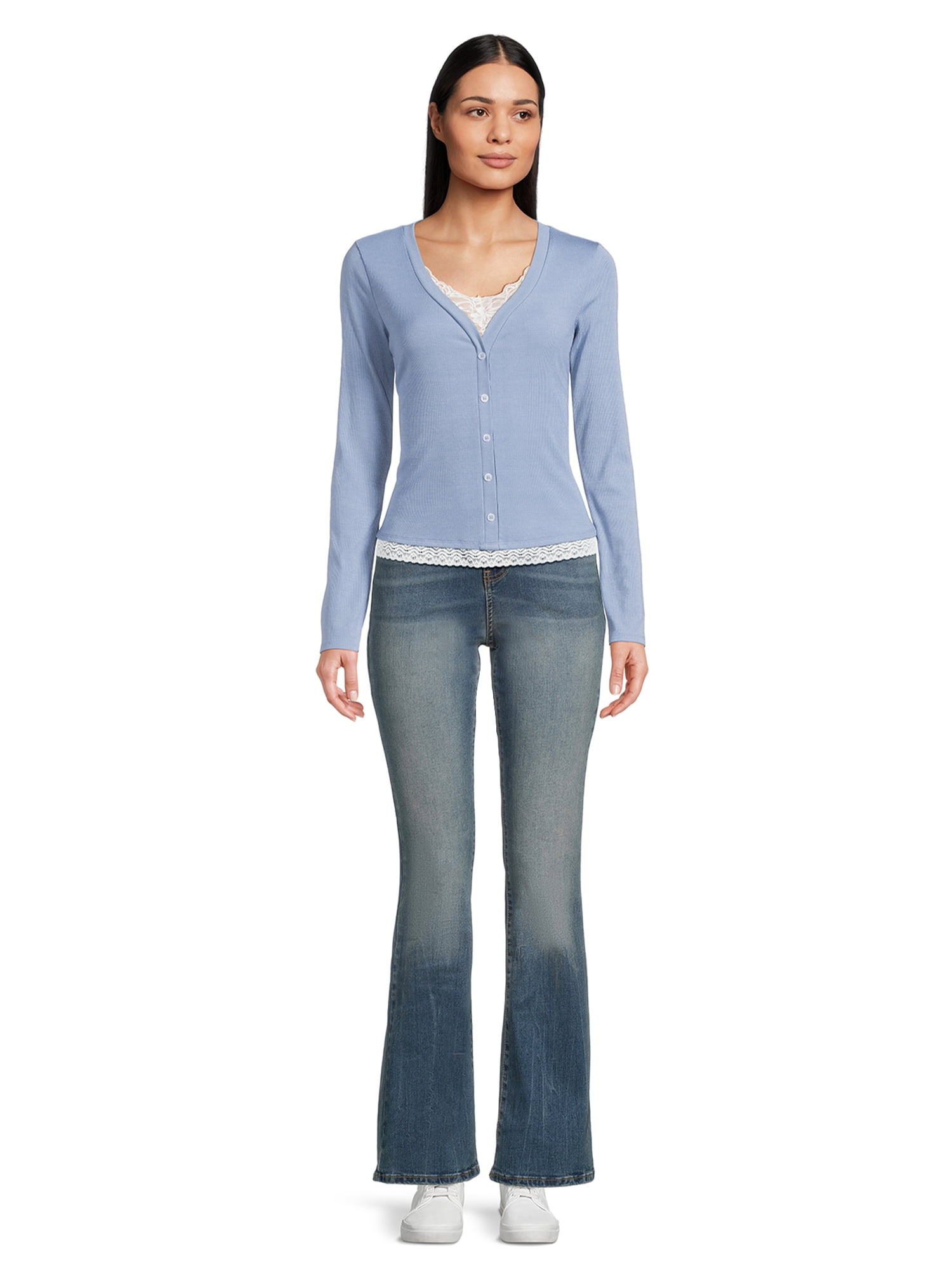 Self Esteem Juniors Lace Trim V-Neck Top with Long Sleeves