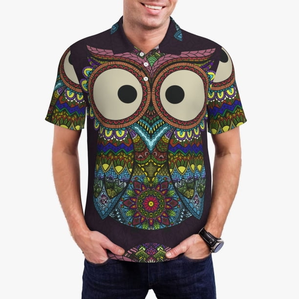 Balery Boho Owl Camisa Polo de Hombre con Estampado, de Manga Corta y Tejido Medio, Camisa Tipo Golf Polo-Medium