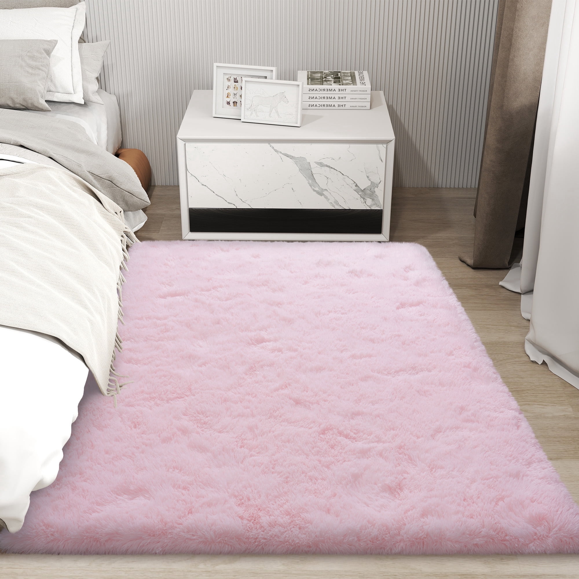 Janvonne Soft Fluffy Rugs for Bedroom, 4x6ft Non Skid Shaggy Bedside Carpets for Living Room, Cozy Fuzzy Area Rug for Dorms, Home Decor, Pink