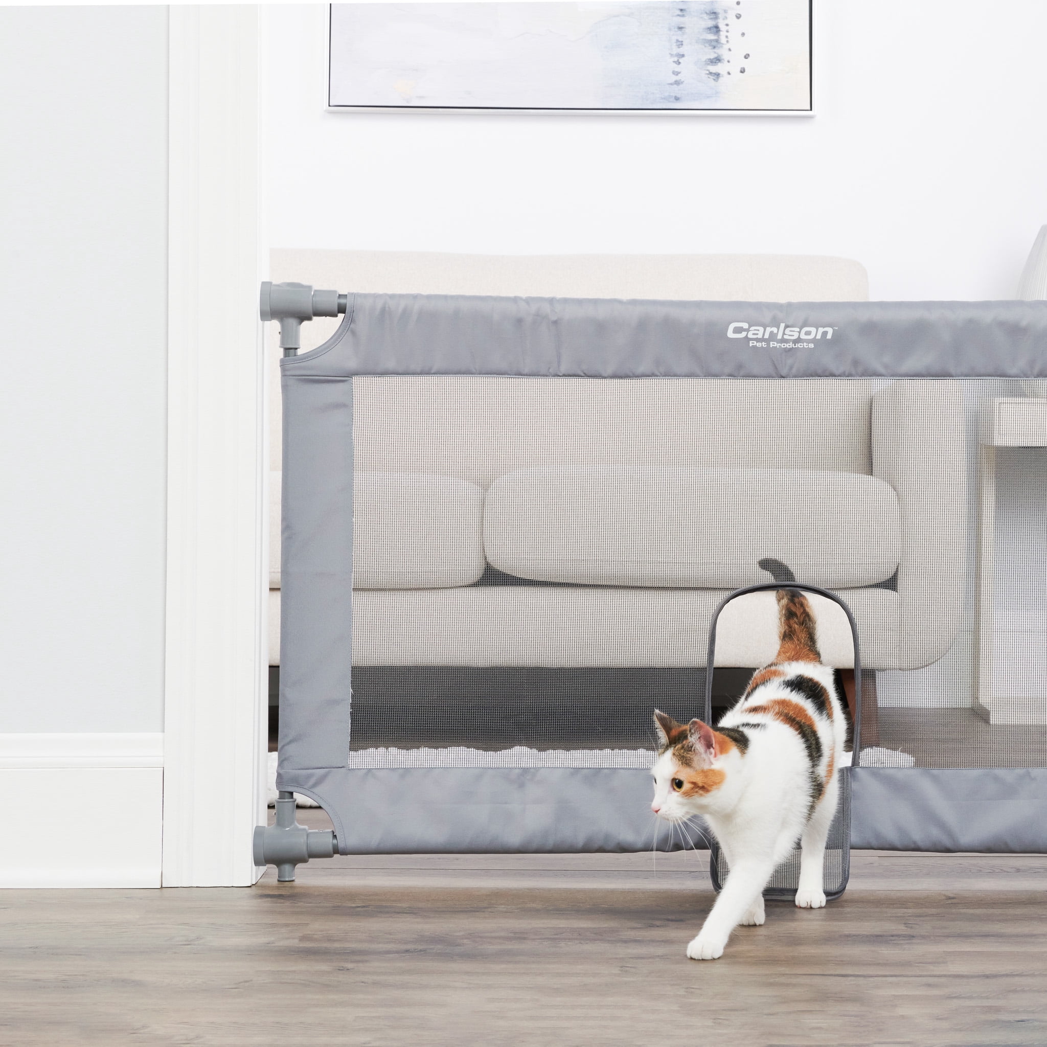 Carlson Extra Wide Gray Mesh Expandable Pet Gate with Small Pet Door, Mesh, includes Rubber Bumpers, Doors and Hallways