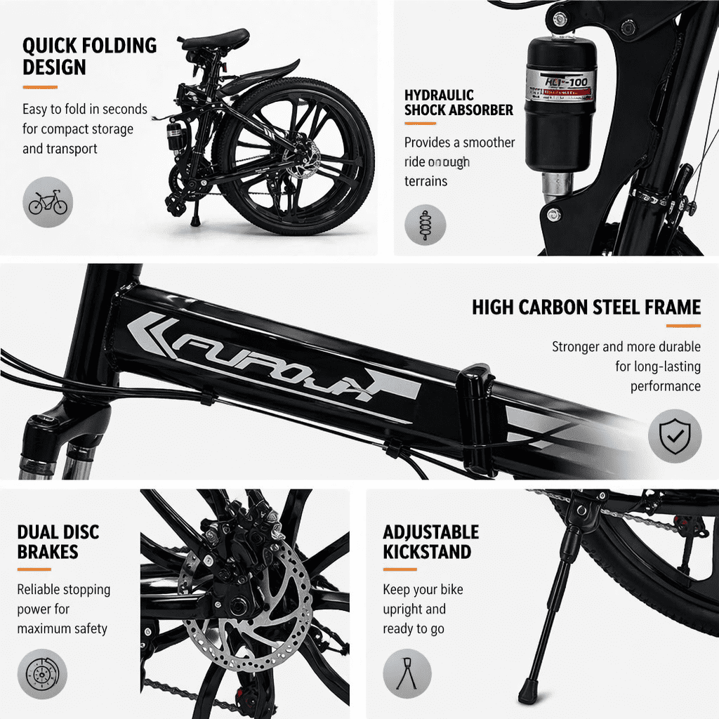 FUPOJH 26" Folding Mountain Bike for Men & Women,21 Speed,Dual Disc Brakes,Dual Suspension,Black