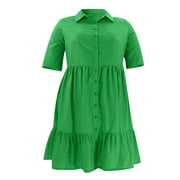Fesfesfes Women's Spring Solid Color Lapel Single Breasted Casual Short Sleeve Shirt Dress