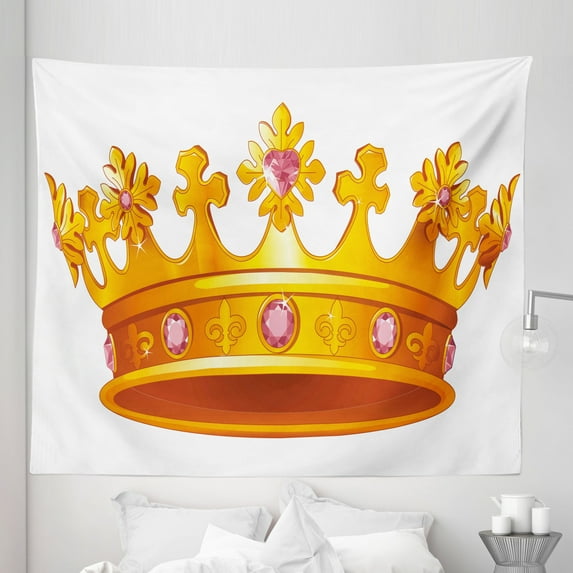 Queen Tapestry, Crown with Pale Pink Gemstone Antique Tiara Nobility Cartoon, Fabric Wall Hanging Decor for Bedroom Living Room Dorm, 5 Sizes, Orange and Rose, by Ambesonne