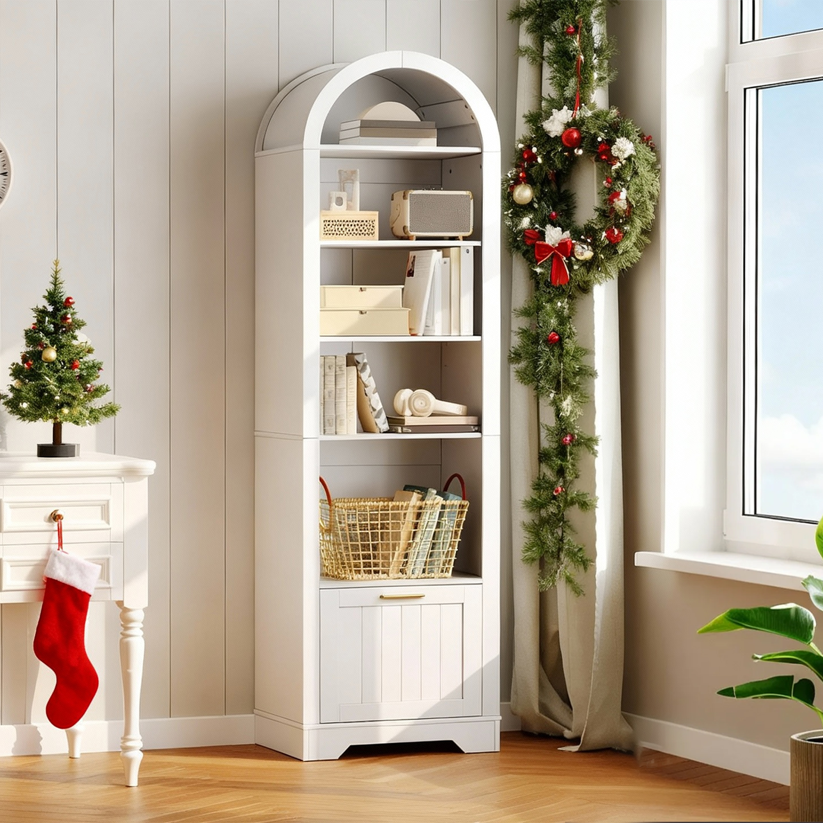 HOOBRO 6-Tier Arched Bookcase with File Drawer & Adjustable Shelves, White