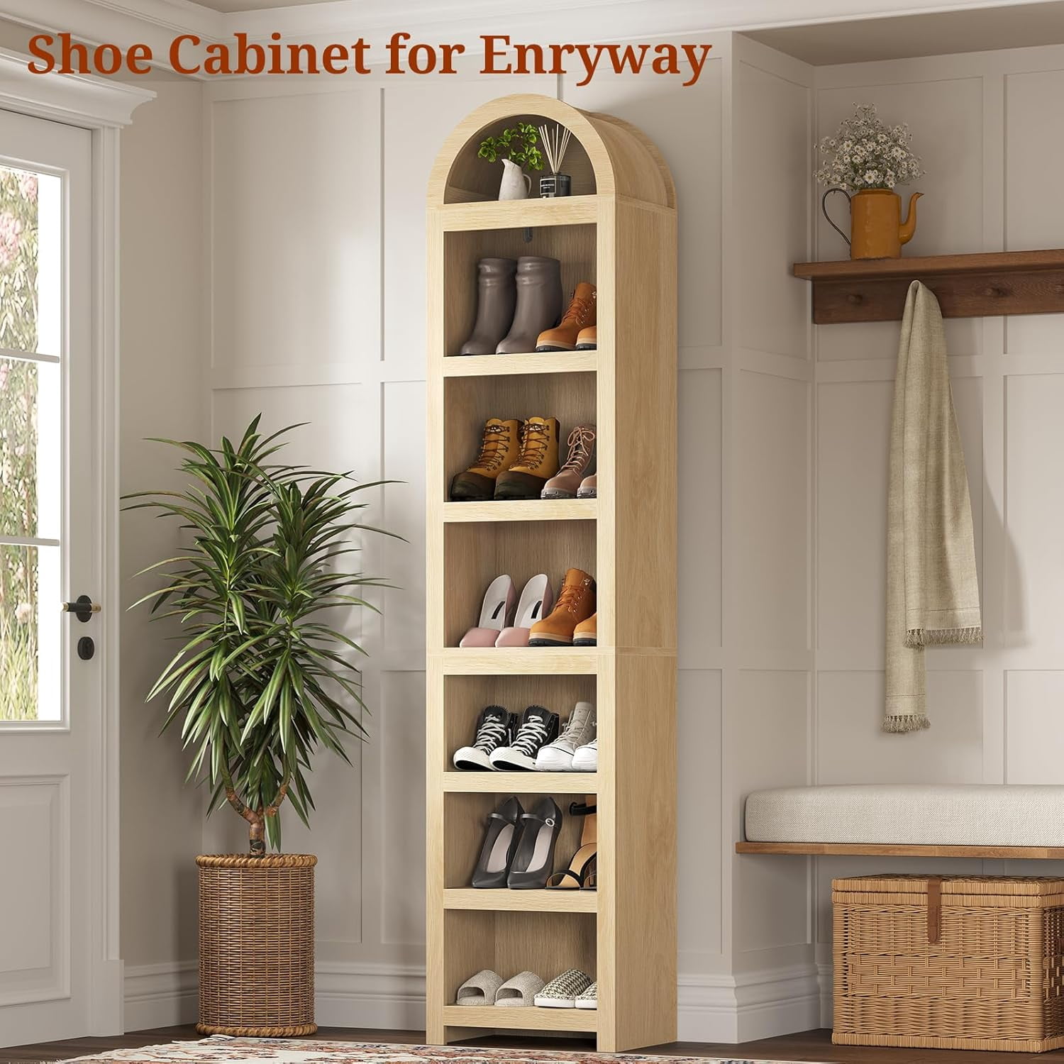 76" Tall Narrow Arched Bookcase, 7-Teir Mid-Century Modern Bookshelf with Adjustable Shelves for Living Room, Home Office, Oak