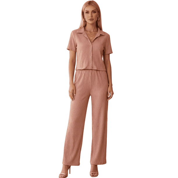 Conjunto de Mujer de 2 Piezas | Camisa de Botones Manga Corta y Pantalón Recto