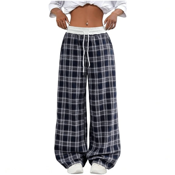 VEKDONE Women's Plaid Wide Leg Pants Elastic High Waisted Drawstring Long Pants Casual Plus Size Loose Fit Straight Trousers with Pockets Blue S