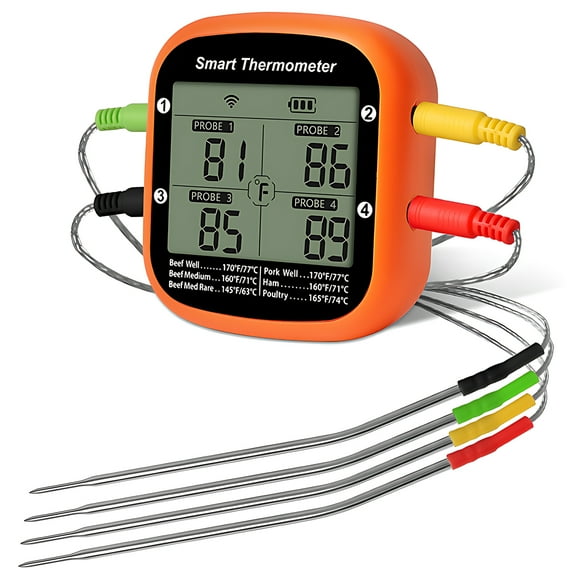 Mistaha Wireless Meat Thermometer with APP Control and Backlit Display - Bluetooth BBQ Thermometer with Alarm and Timer Function - Outdoor Grilling Temperature Gauge with Hanging Stand