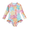 thumbnail image 1 of Baby Toddler Girl Long Sleeve Ruffle Swimsuit One Zipper Bathing Suit with UPF 50+ Sun Protection, 1 of 7