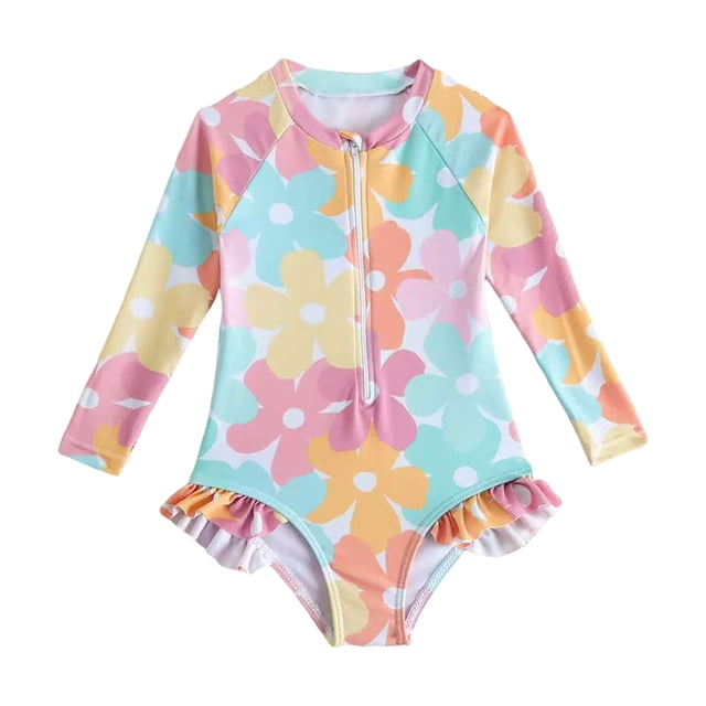 Baby Toddler Girl Long Sleeve Ruffle Swimsuit One Zipper Bathing Suit with UPF 50+ Sun Protection