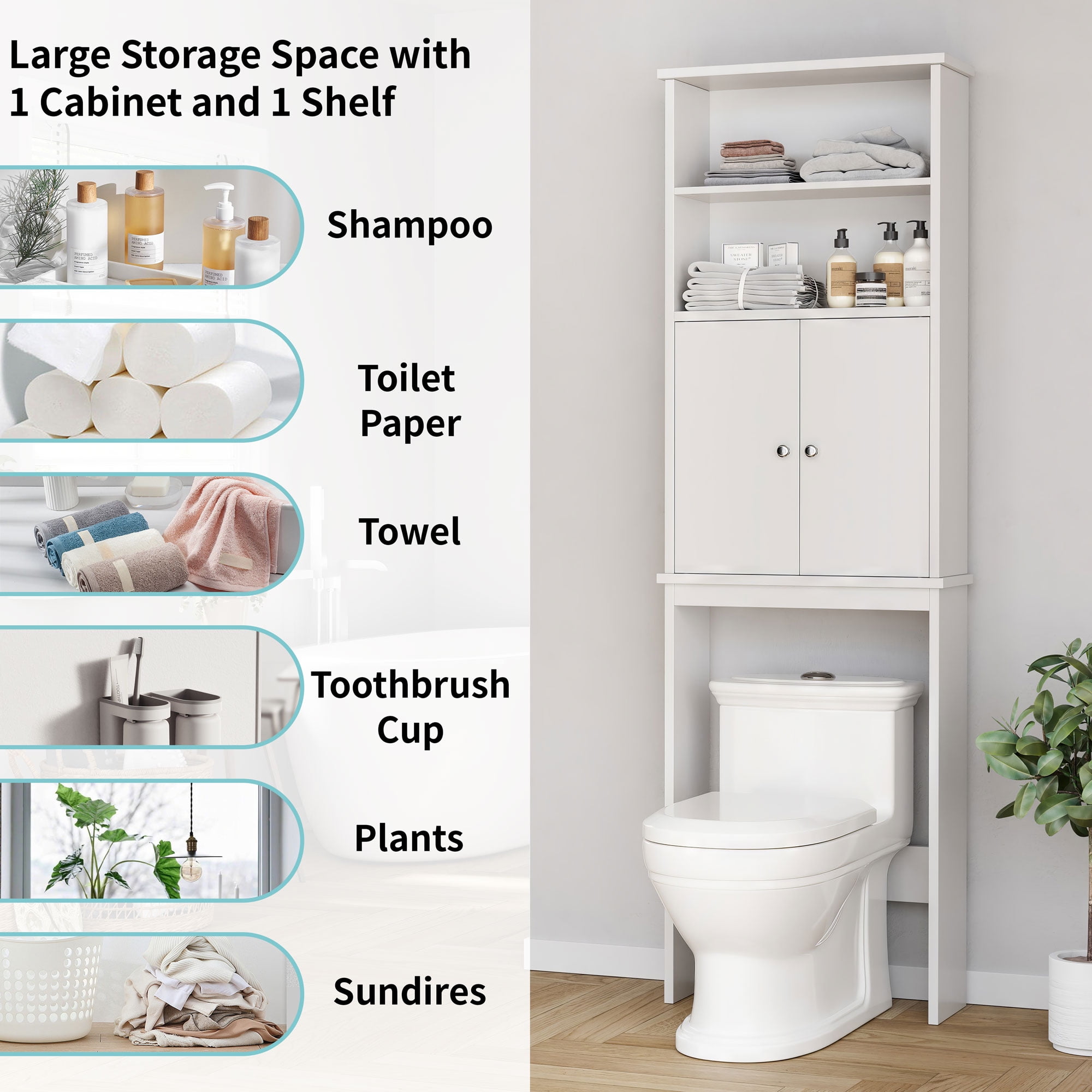 Walsunny Over the Toilet Storage Cabinets Wood Bathroom Organizer Shelf Rack Space Saver with 2 Doors 4 Shelves Anti-Tip Device White