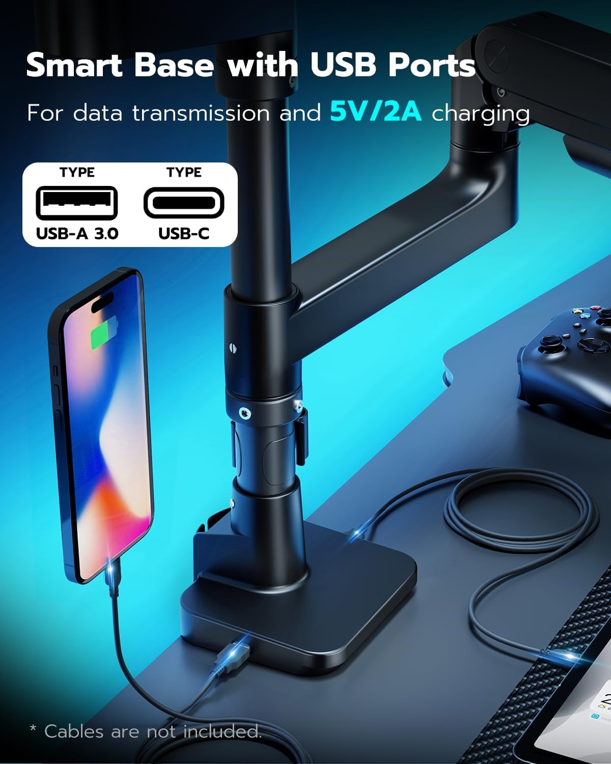 ARES WING Dual Monitor Arm with USB for 17"-49" Ultrawide Screens, Heavy Duty Vertical Gas Spring Dual Monitor Mount for Desk, Adjustable Stacking Double Monitor Stand, VESA 75x75 100x100, Black