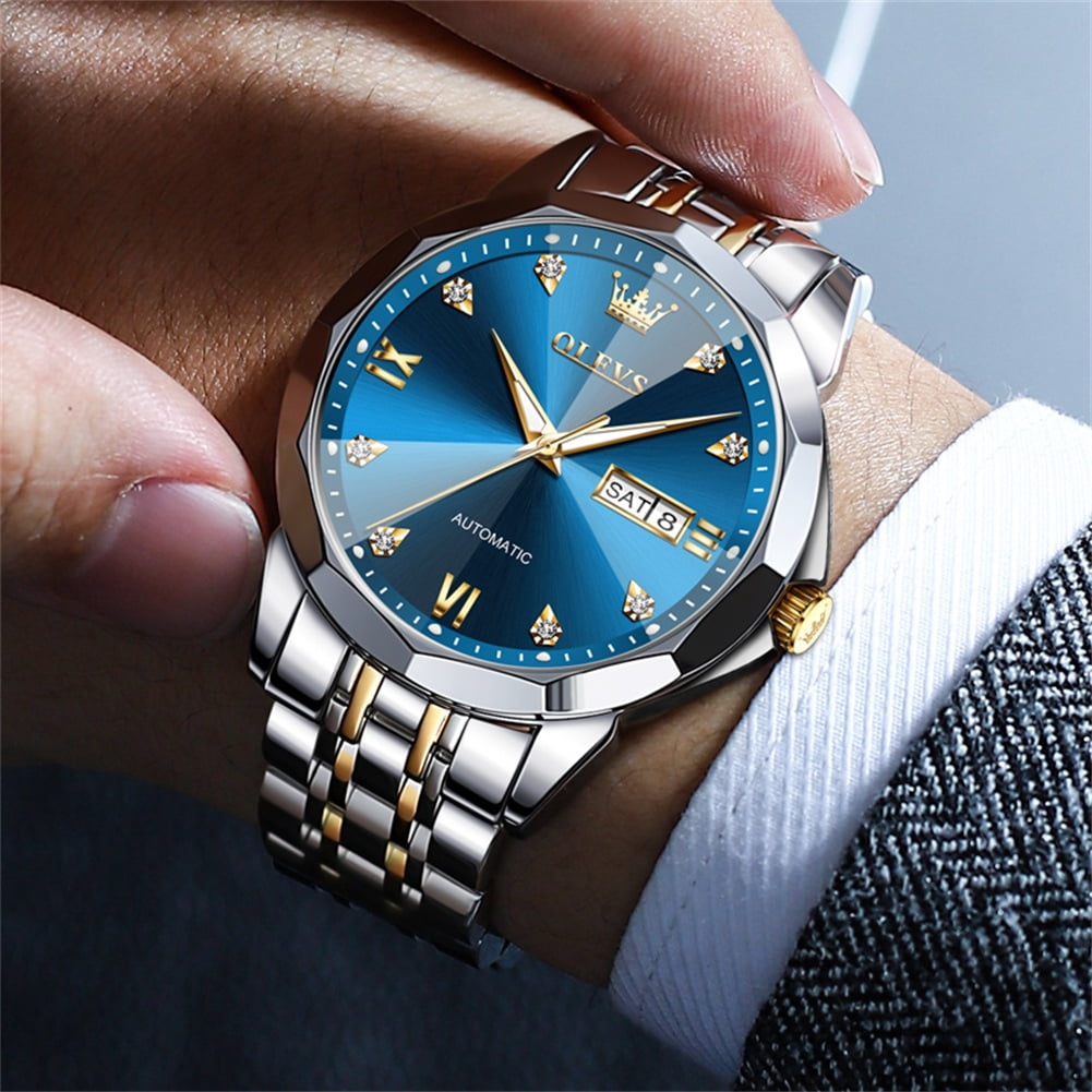 OLEVS Automatic Watches for Men Self Winding Mechanical Luxury Dress Stainless Steel Two Tone Strap Diamond Waterproof Luminous Date Mens Wrist Watches Reloj Para Hombre Black/Blue/Gold/White