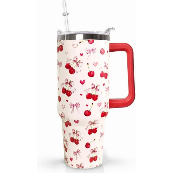 40oz Cherry Bow Tumbler with Handle, Lid & Straw | Insulated Double-Wall Vacuum Stainless Steel Coffee Mug Water Bottle | Cherry Blossom Decor