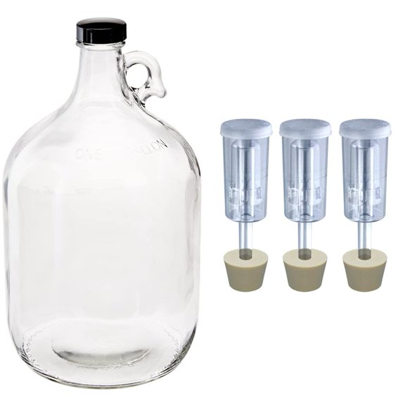 FastRack Glass Water Bottle (1 Gallon Capacity) + Brewcraft 3ct. - 3 Piece Airlock with #6.5 Stopper Set