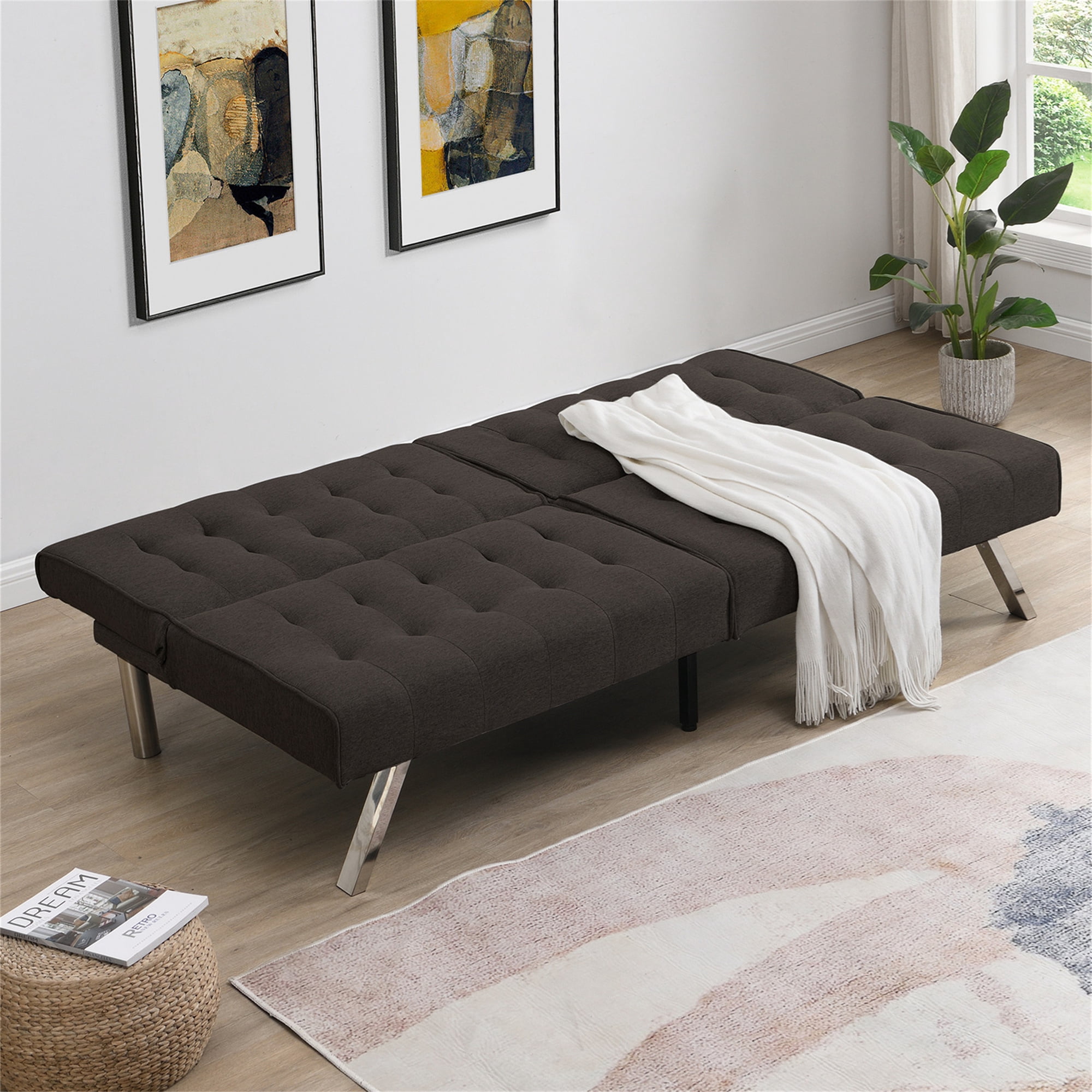Aukfa 67" Tufted Futon Convertible Sofa Bed Separate Back Chaise Couch for Home Office, Linen, Espresso