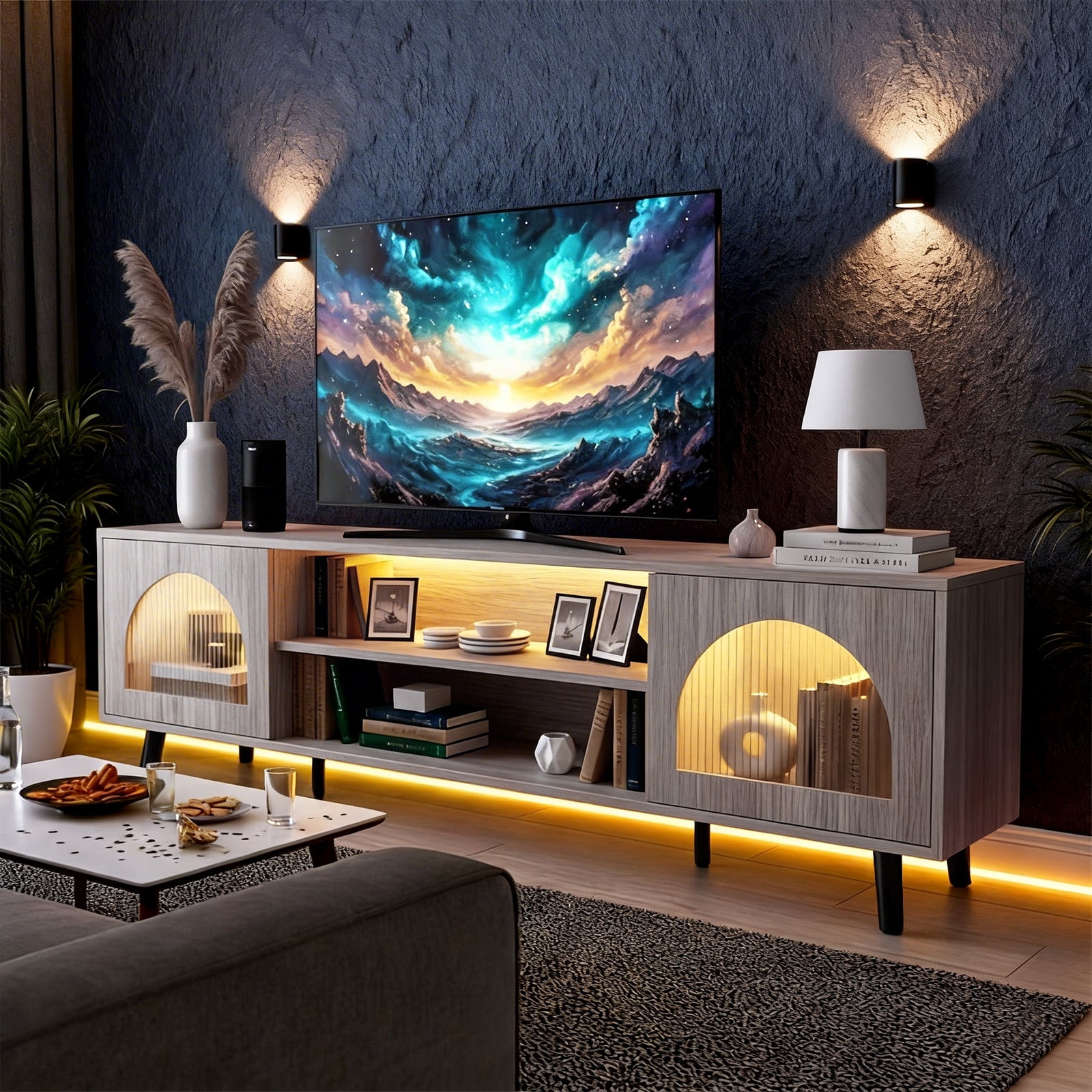 Ktaxon Modern LED TV Stand with 2 Fluted Arched Doors, 63" Entertainment Center Media Gaming Console for 55/60/65" TVs with RGB Lighting, Washed Gray