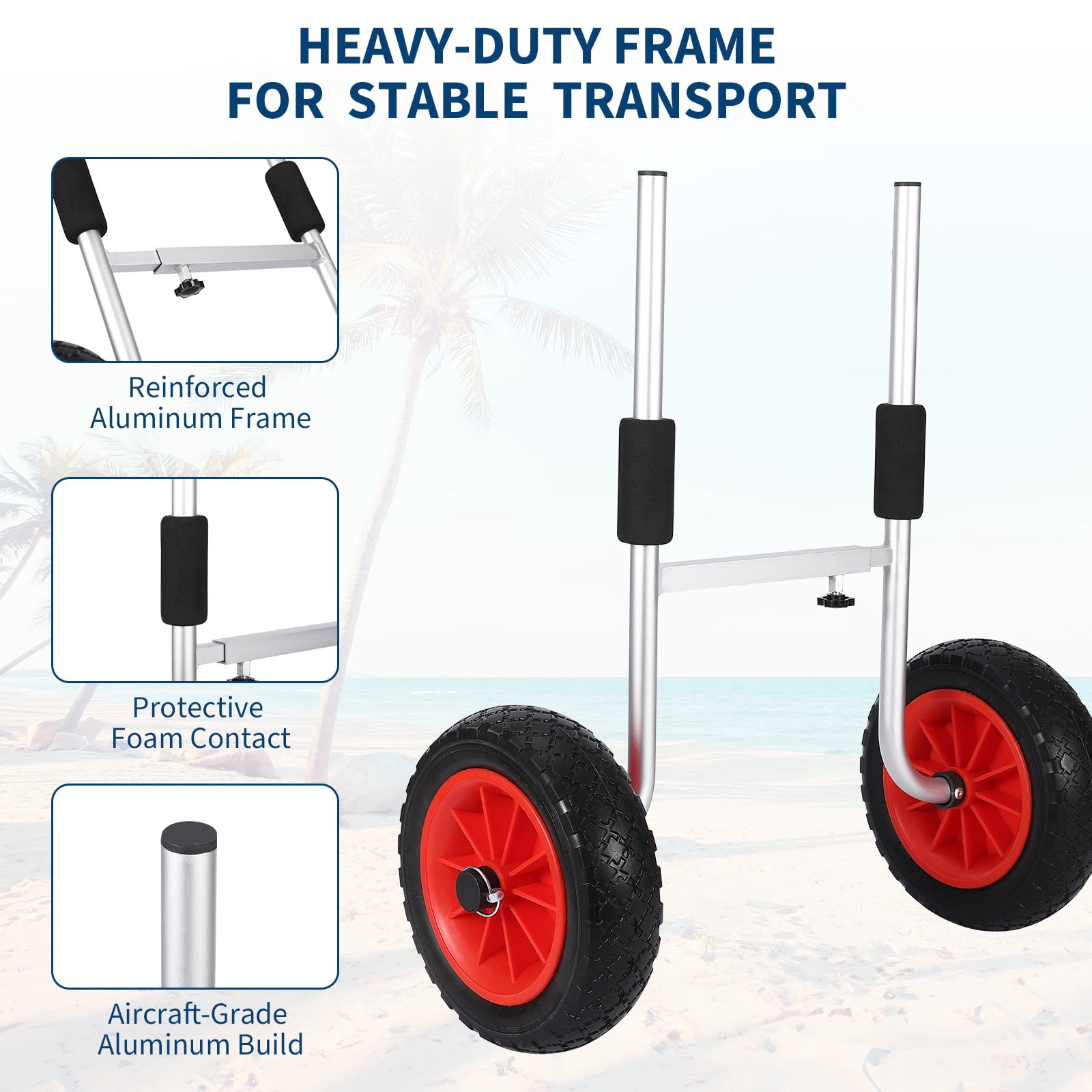 Adjustable Kayak Trolley for Beach, 220 lbs Load, 10" Solid PU Tires, Foam Pads Included