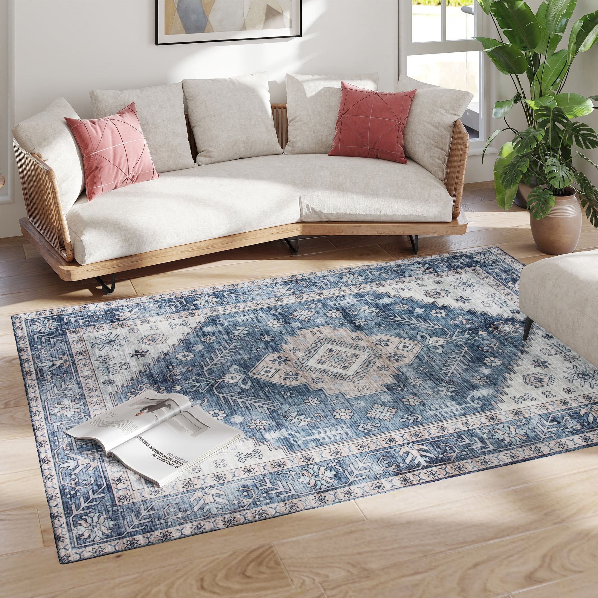 HOMCOM 5x7 Area Rug, Vintage Machine Washable Rug for Living Room, Blue