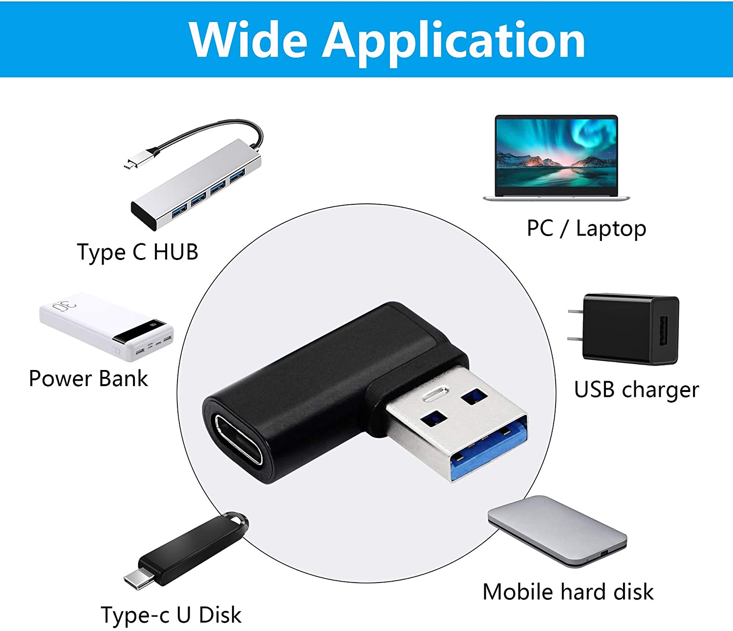 90 Degree Right Angle USB 3.1 Type-C Male To Female Adapter Converter - Black