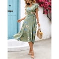 thumbnail image 7 of Green Floral Print Wrap Midi Dress With Ruffle Sleeves And V-Neck For Women, 7 of 7