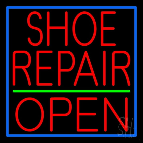 Red Shoe Repair Open LED Neon Sign 24 x 24 - inches, Black Square Cut Acrylic Backing, with Dimmer - Bright and Premium built indoor LED Neon Sign for store interior Décor, Storefront.