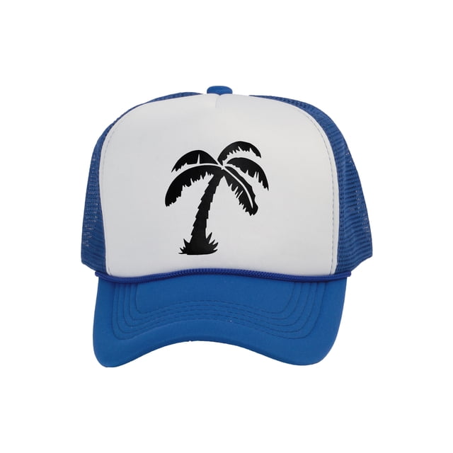 Men's Palm Tree Cap Snapback Trucker Hat, White/Royal
