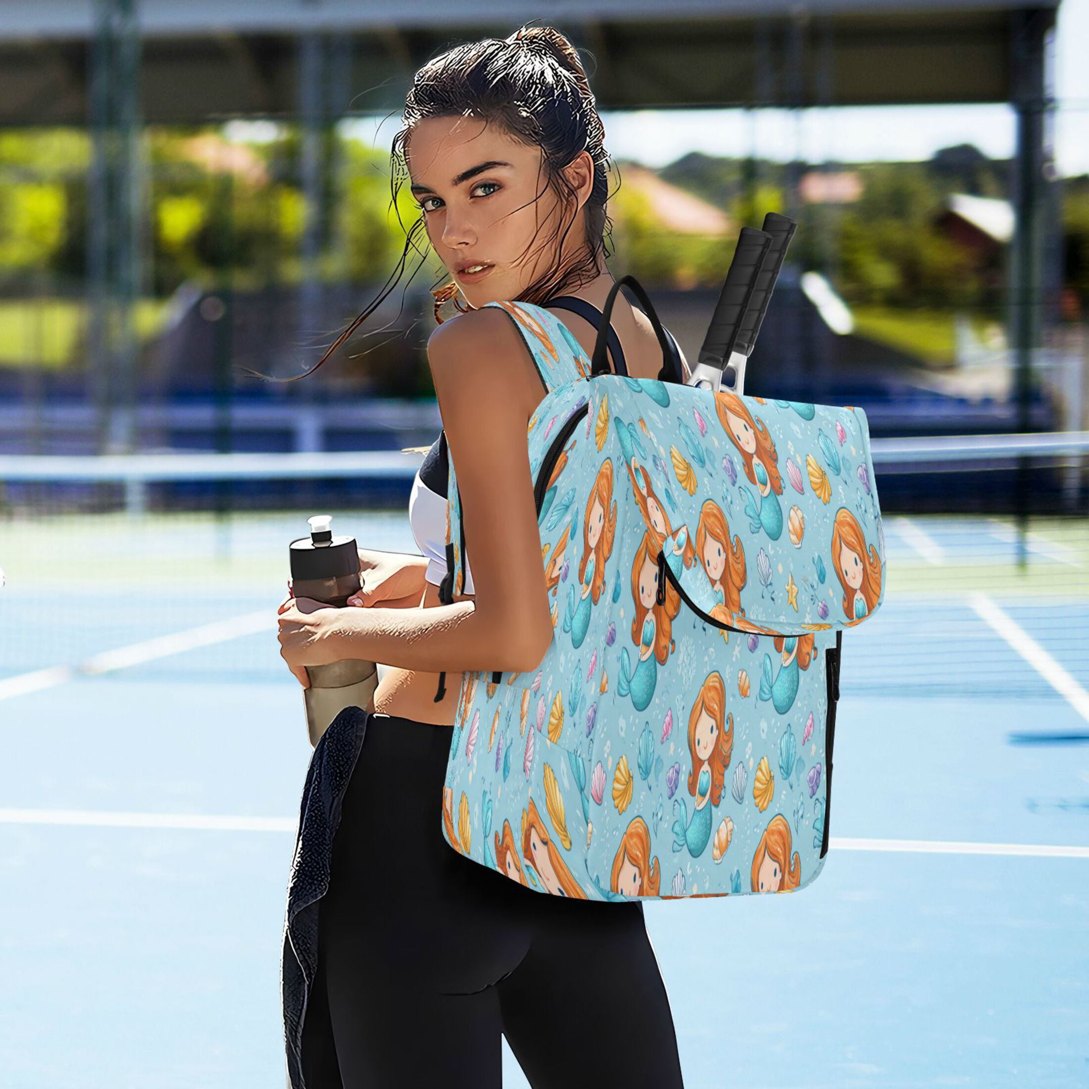 2 Racquet Holder Tennis Backpack Tennis Racket Covers Gym Bags Little Mermaids and Seashells