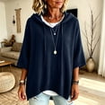 thumbnail image 4 of HaCpiu Women's Solid Hooded Knit Top, Casual Loose 3/4 Sleeve Poncho Sweater, Lightweight Flowy Pullover Sweatshirt with Drawstring, Navy S, 4 of 6