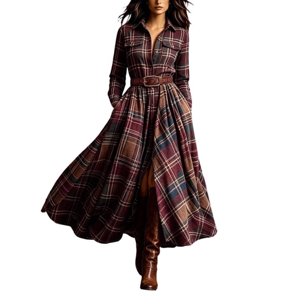 Blmnix Gingham Dress Dresses for Women Fit & Flare Vintage Dress Flowy Dresses Under Dresses Collared Long Sleeve Red Cocktail-Length Belted Women's Summer Dresses L