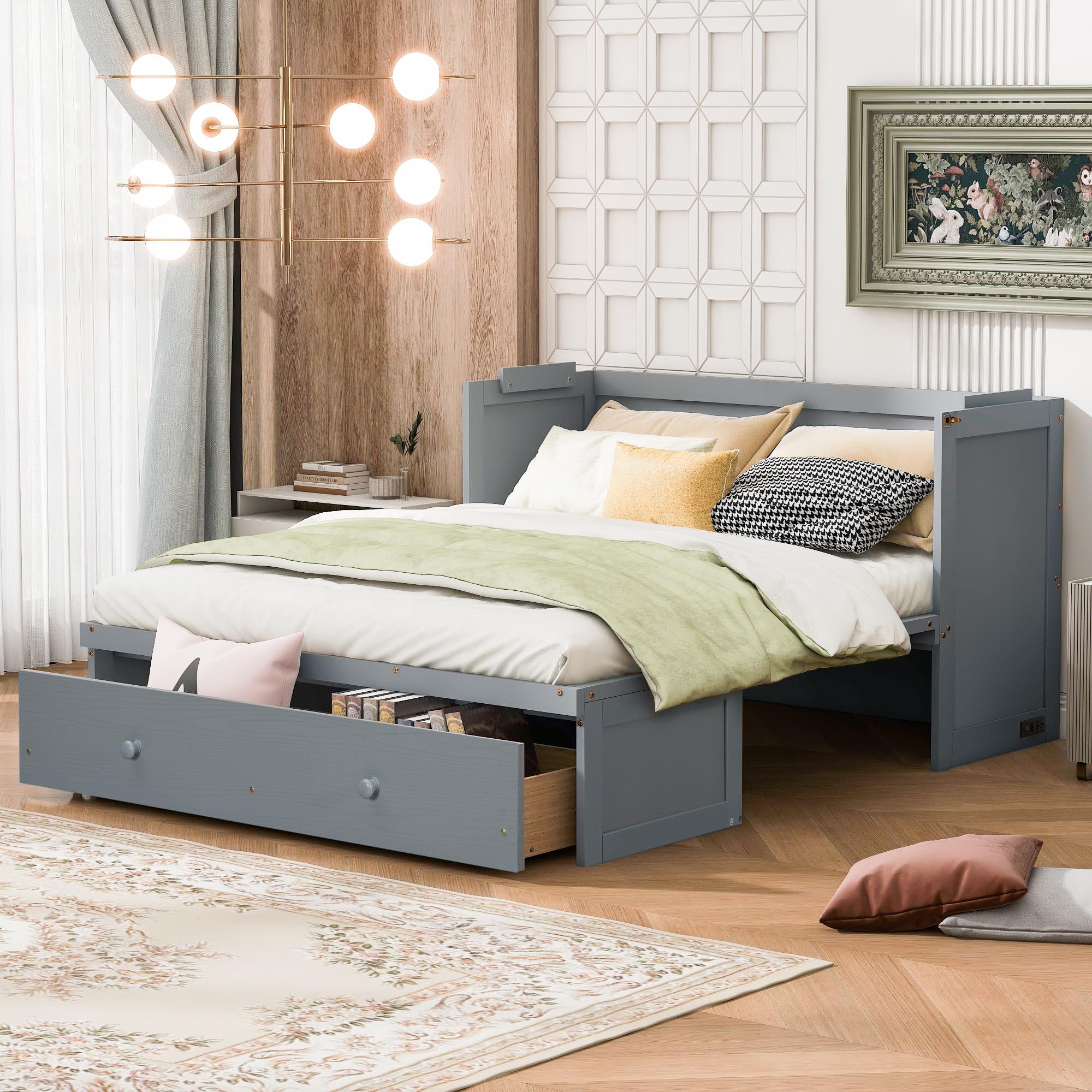Mintazer Queen Murphy Bed with Storage Drawer & Charging Station, Modern Foldable Cabinet Bed for Bedroom Apartment Guest Room, Gray