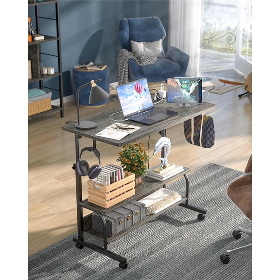 Height Adjustable Standing Desk with Power Outlets, 32" Manual Stand Up Desk with Storage Shelves Small Mobile Rolling Computer Desk Portable Laptop Table with Wheels for Home Office, Grey Oak
