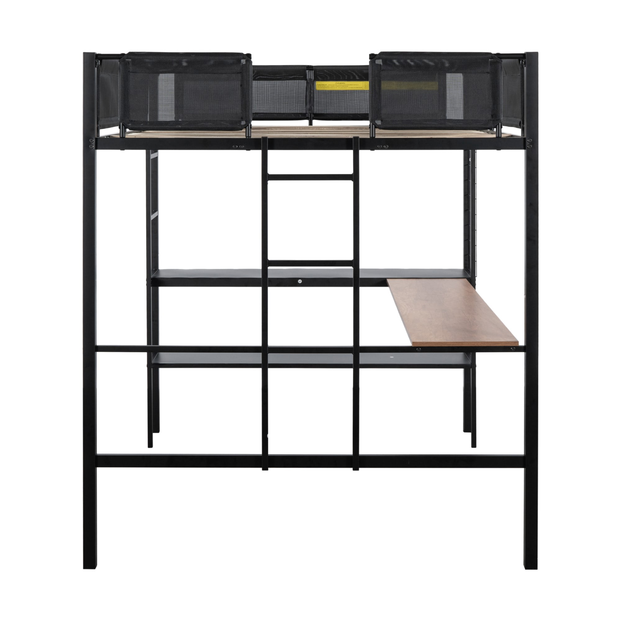 DEALTOPS Full Size Metal Loft Bed with Desk and 2-Tier Shelves and Grid Panel, Textilene Guardrail, Black