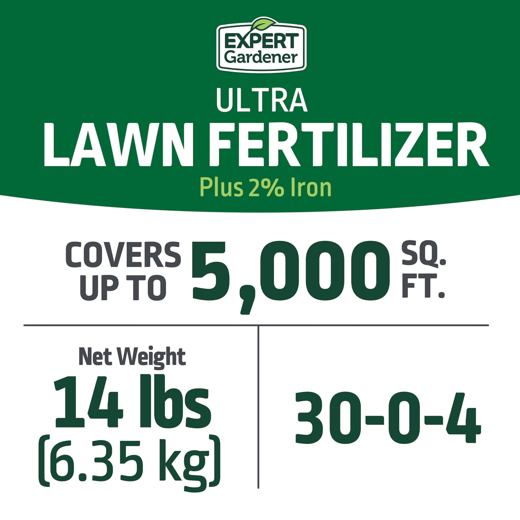 Expert Gardener Ultra Lawn Food Plus 2% Iron, 30-0-4 Fertilizer, 14 lb. - Covers 5,000 Sq. ft