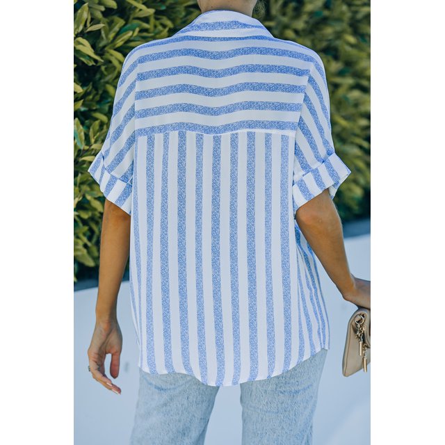 ABPHQTO Camisa con botones y manga enrollada a rayas con cuello en V para mujer