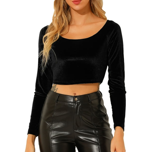 INSPIRAR CHIC Blusas Cortas de Terciopelo de Manga Larga Off Shoulder Sólidas XL Negros