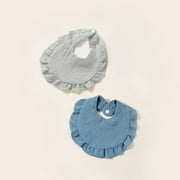 2Pcs/Set Organic Cotton Baby Bib Solid Color Ruffle Edge Saliva Towel With Botton For Children Kids Feeding Newborn Burp Cloth Blue