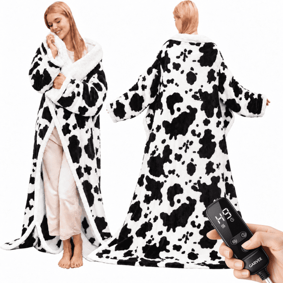 GARVEE Cow Print Wearable Heated Blanket with Sleeves & Foot Pocket, 50" x 72" with 10 Heat Settings