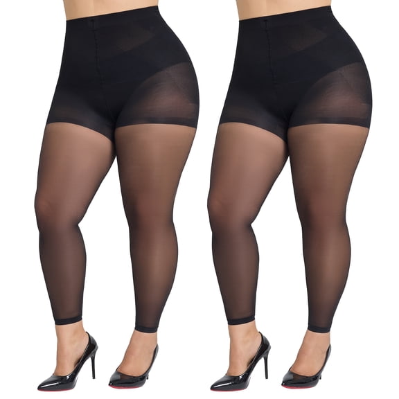 Manzi 2 Pairs Plus Size Footless Tights for Women 30D Control Top Shaping Pantyhose