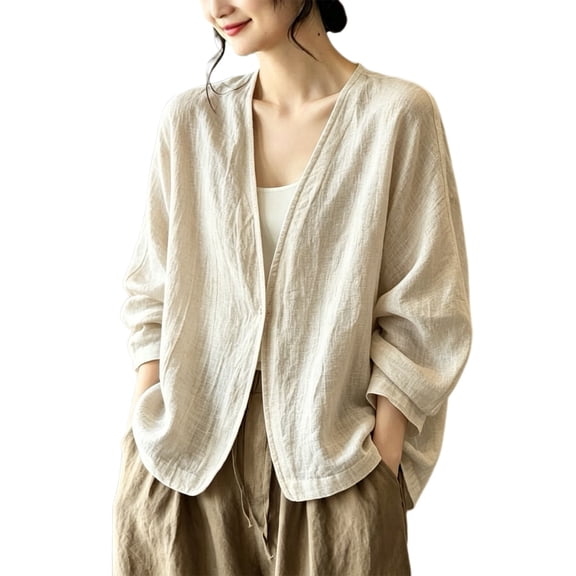 Women’s Lightweight Cotton Linen Open Front Duster Cardigan, Loose Long Sleeve Beach Cover Up Outerwear Beige L