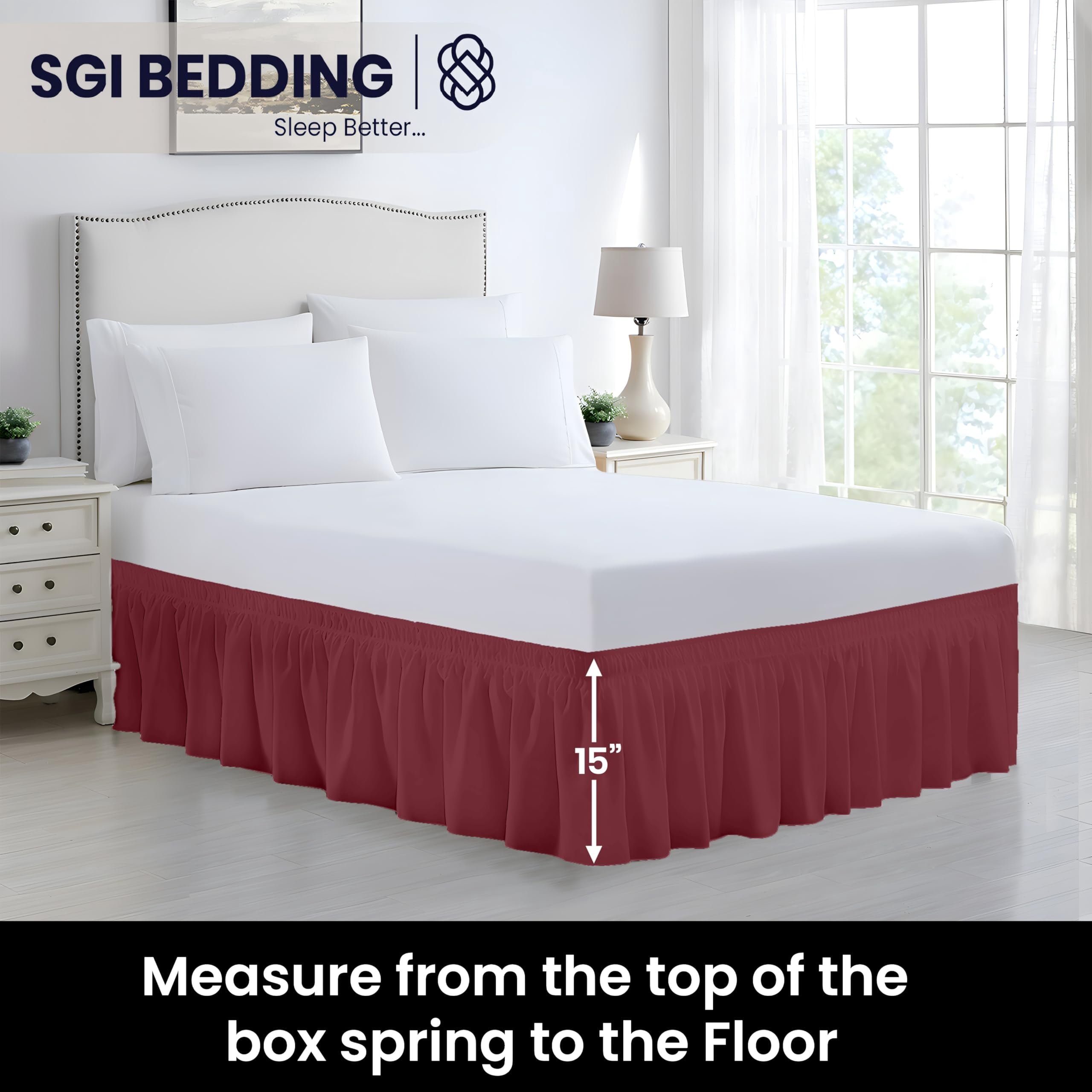 SGI bedding 15 inch Drop Wraparound Bed Skirt Twin Size - No Lifting Required, Adjustable Easy Fit Elastic Strap, Classic Gathered Styling Dust Ruffle, Fade Resistant -Burgundy