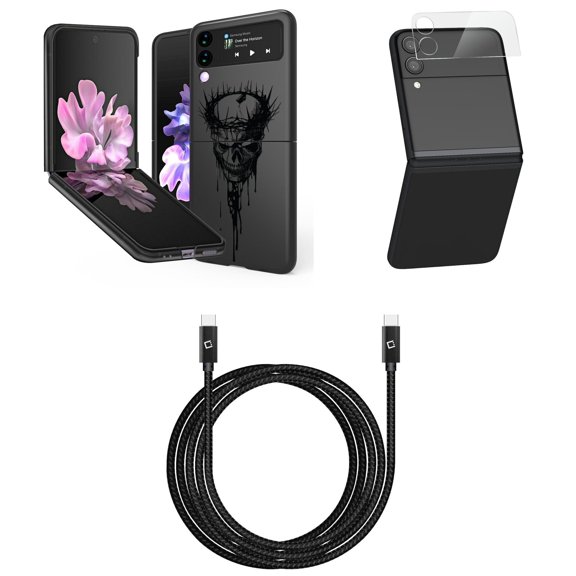 Bemz Premium Bundle for Samsung Galaxy Z Flip 3 5G: Slim Snap-On Protector Case (Crown of Thorns Skull), Rear Camera Glass Protector, Nylon Braided USB-C to USB-C Cable (4 Feet)